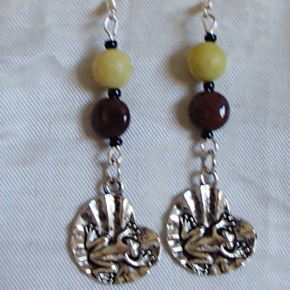 Pietersite Lemon Jade Frog Handcrafted Gemstone Sweeper Earrings Toad Lily Pad - Picture 3 of 7